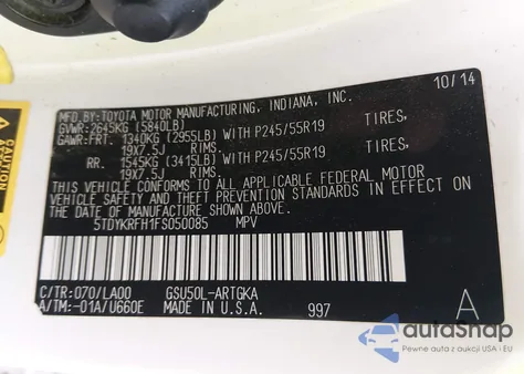 2015 Toyota Highlander Limited V6 z USA, uszkodzony, nr VIN 5TDYKRFH1FS050085